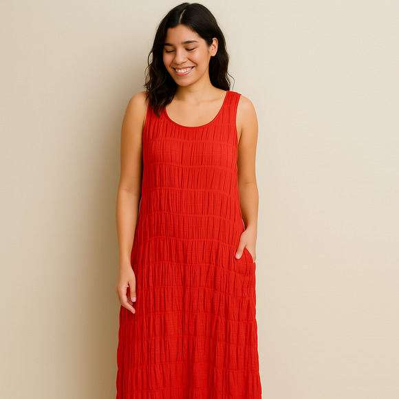 Max Studio Womens Dress XL Orange Red Crinkle Textured Sleeveless Lined Maxi - Picture 1 of 9